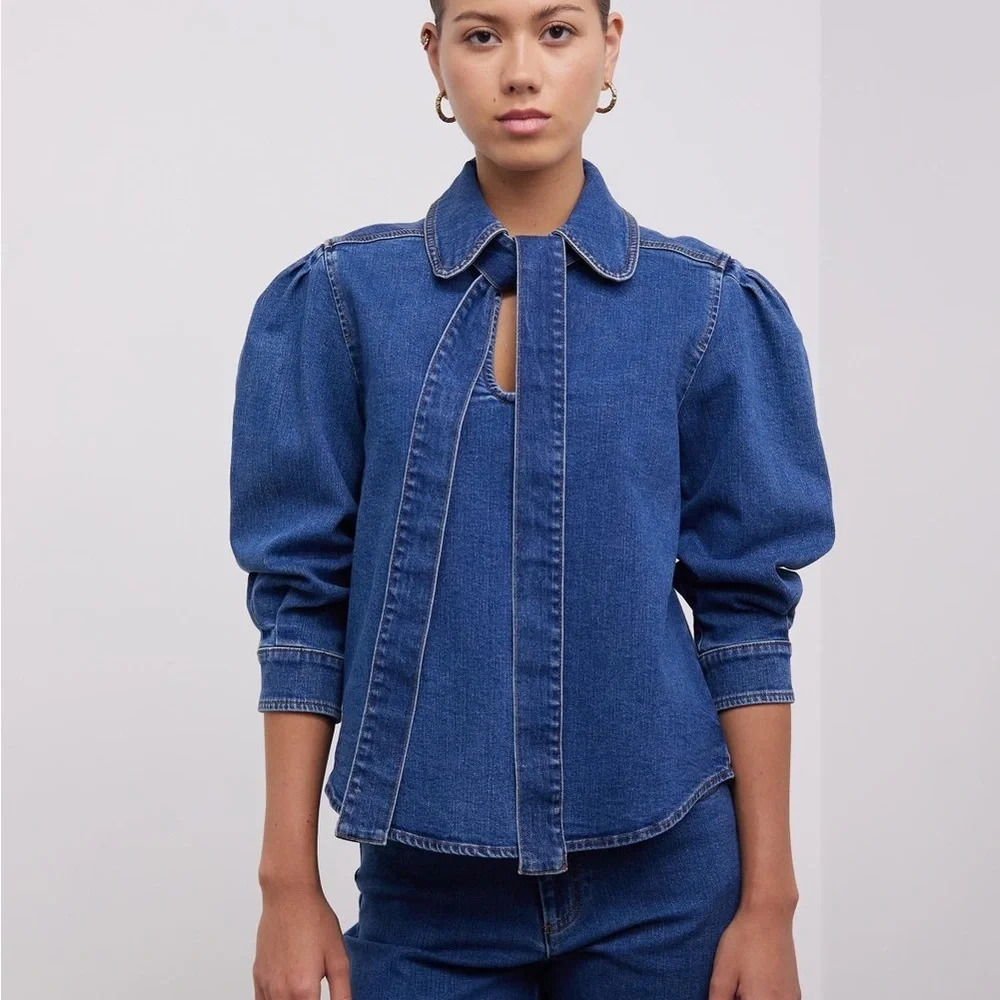 SEE BY CHLOE Tie-Neck Shirt Denim Jeans Blouse Top Preppy Puff Sleeve US 8 - Picture 5 of 16